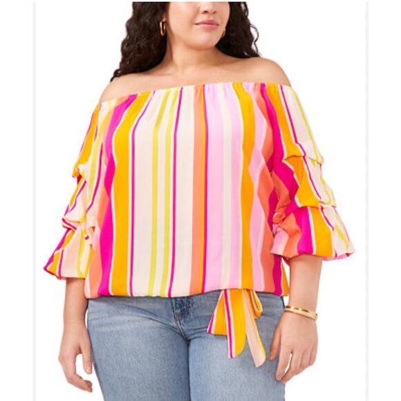 Vince Camuto Striped Off The Shoulder Bubble Sleeve Tie Front Blouse Multi M NWT - Picture 2 of 7